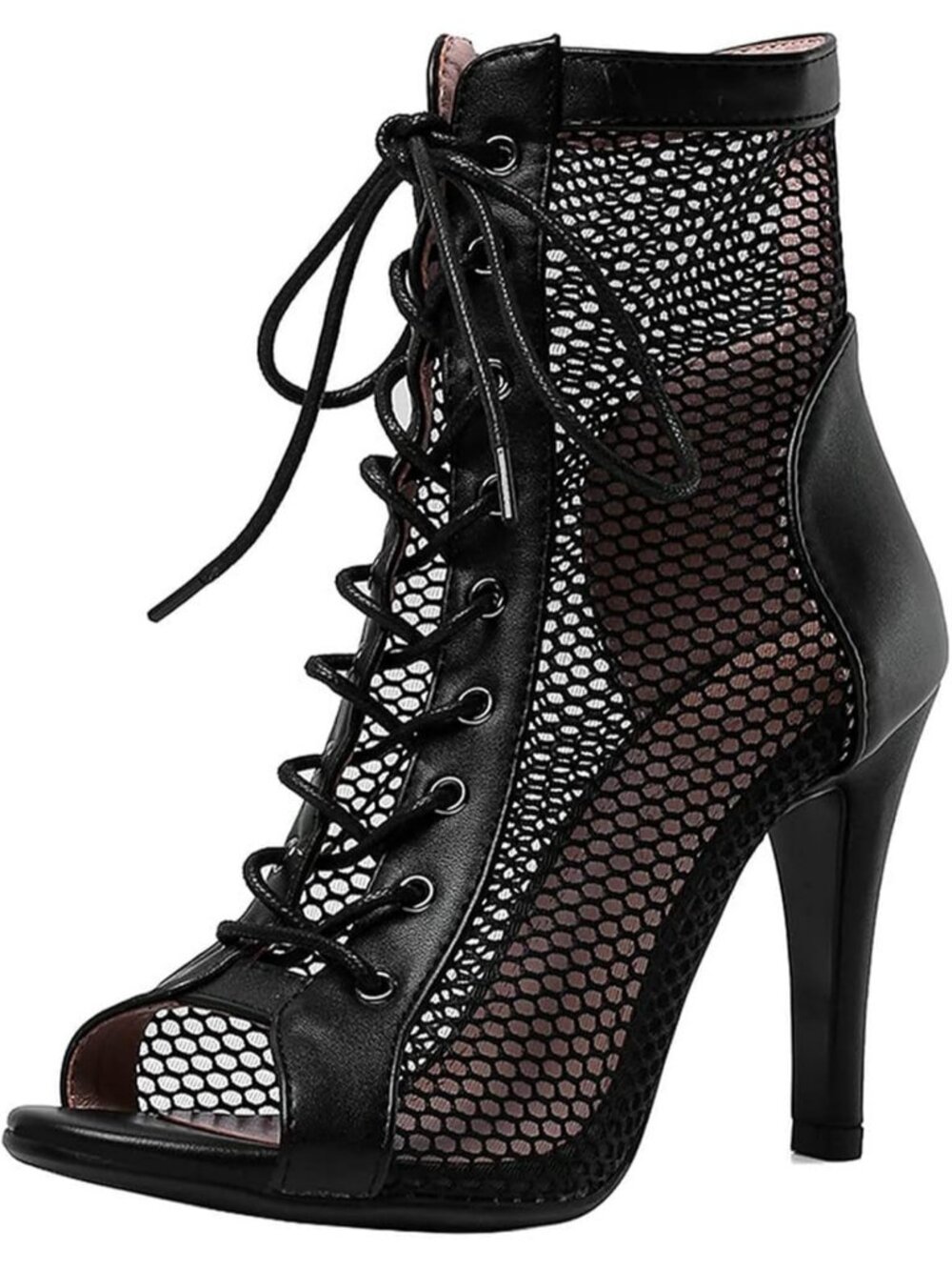 Women's Dark Black Mesh Sandals Peep Toe High Top Sandals Lace Up Pump Shoes
